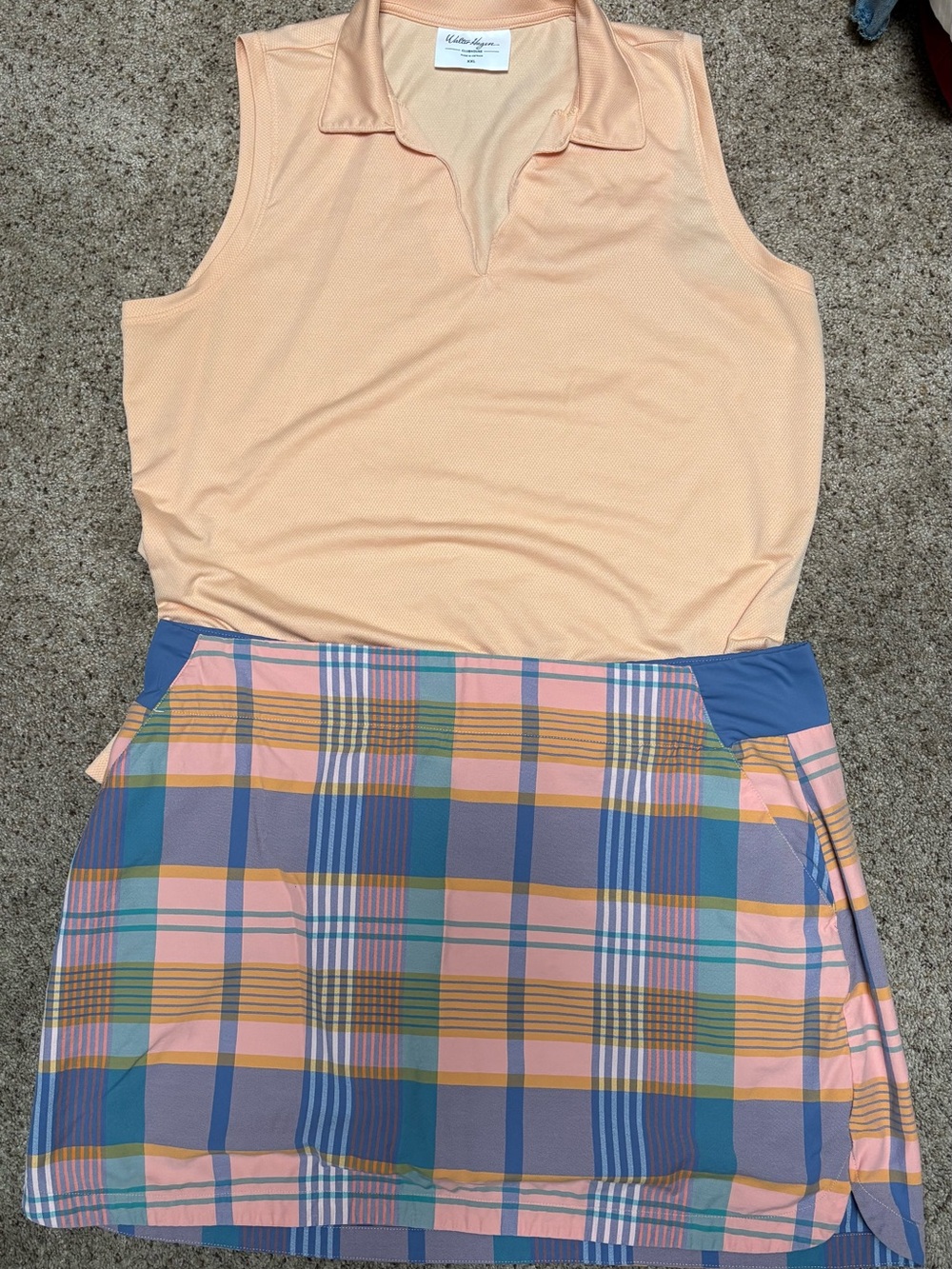 Walter Hagen Peach Sleeveless Polo with Pink & Blue Plaid Skort